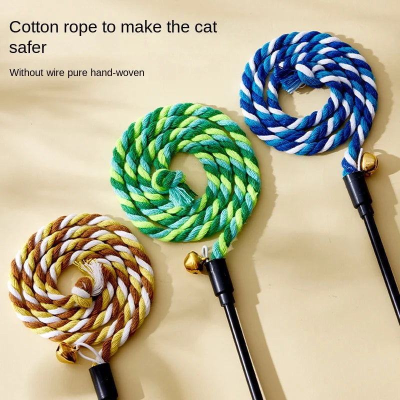 Furvio Shop cotton rope and ribbon cat teaser wand with colorful hanging ribbons and a wooden handle for interactive play