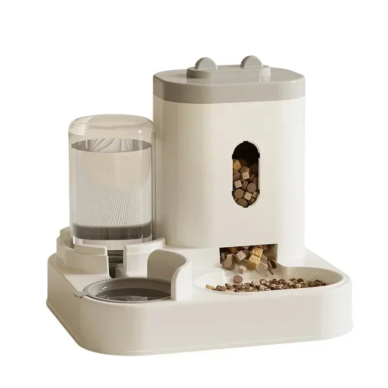 Furvio Shop 2-in-1 automatic pet feeder and water dispenser with sleek design, featuring food and water compartments for pets.