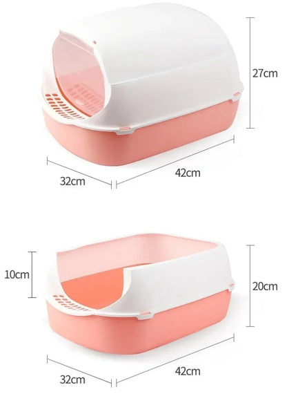 Furvio Shop semi-enclosed splashproof cat litter box with high sides and a front entrance, made of durable plastic.