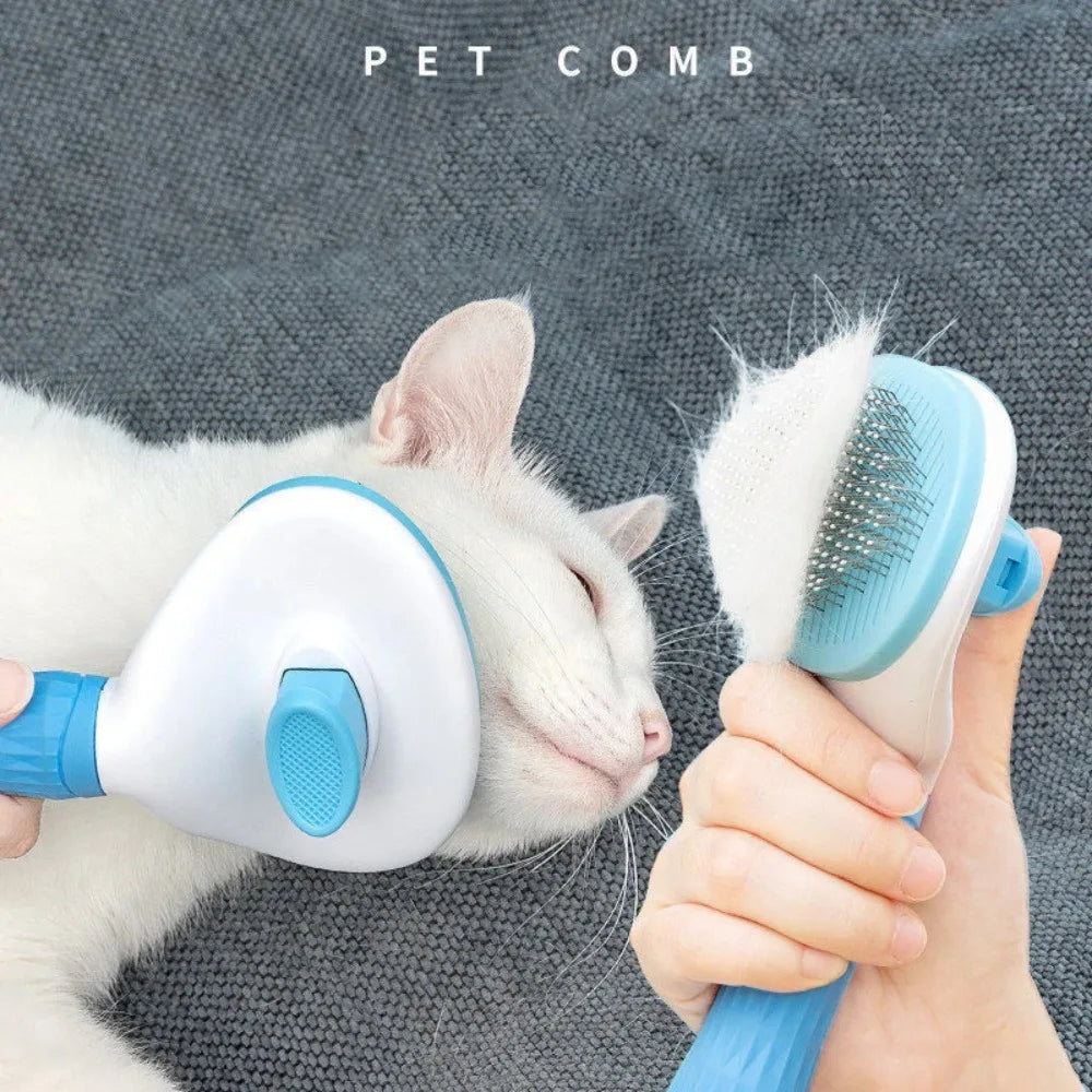 Furvio Shop self-cleaning pet grooming brush with ergonomic handle and stainless steel teeth for easy fur removal
