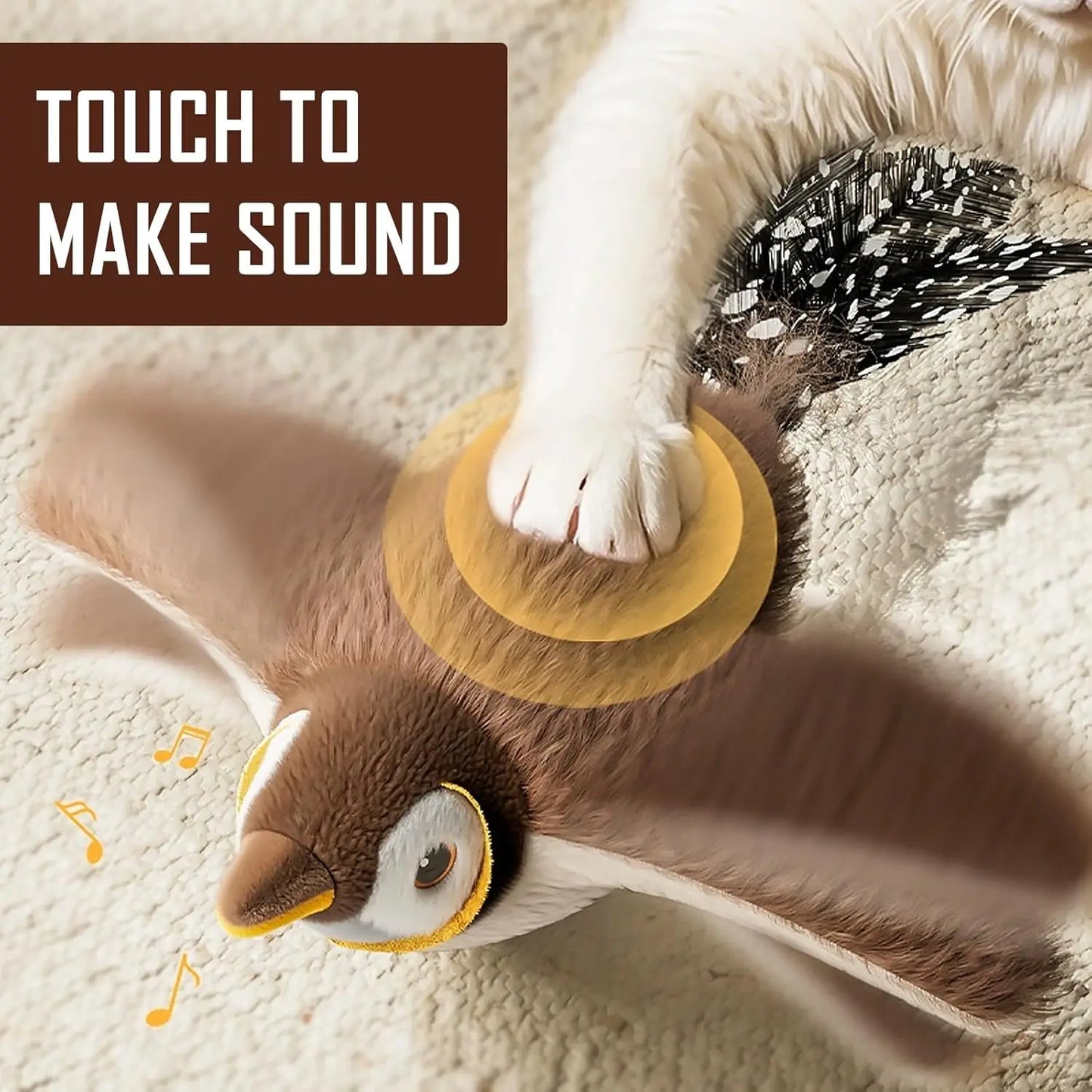 Interactive flapping bird cat toy from Furvio Shop with USB rechargeable feature, showing colorful bird with moving wings.