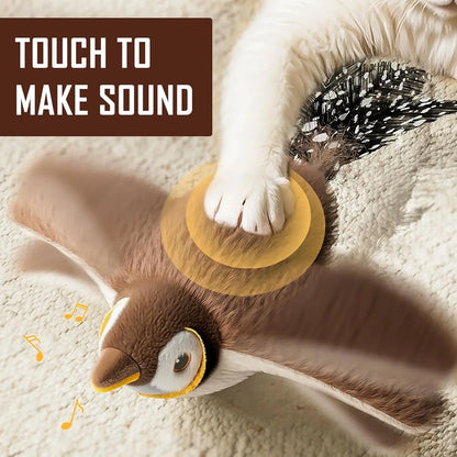 Interactive flapping bird cat toy from Furvio Shop with USB rechargeable feature, showing colorful bird with moving wings.