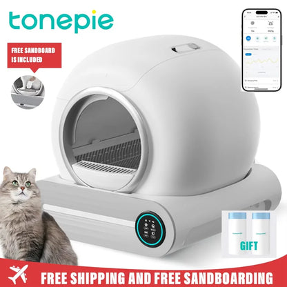 Furvio Shop Tonepie Smart Self-Cleaning Cat Litter Box with 65L capacity, shown with clean litter and modern design