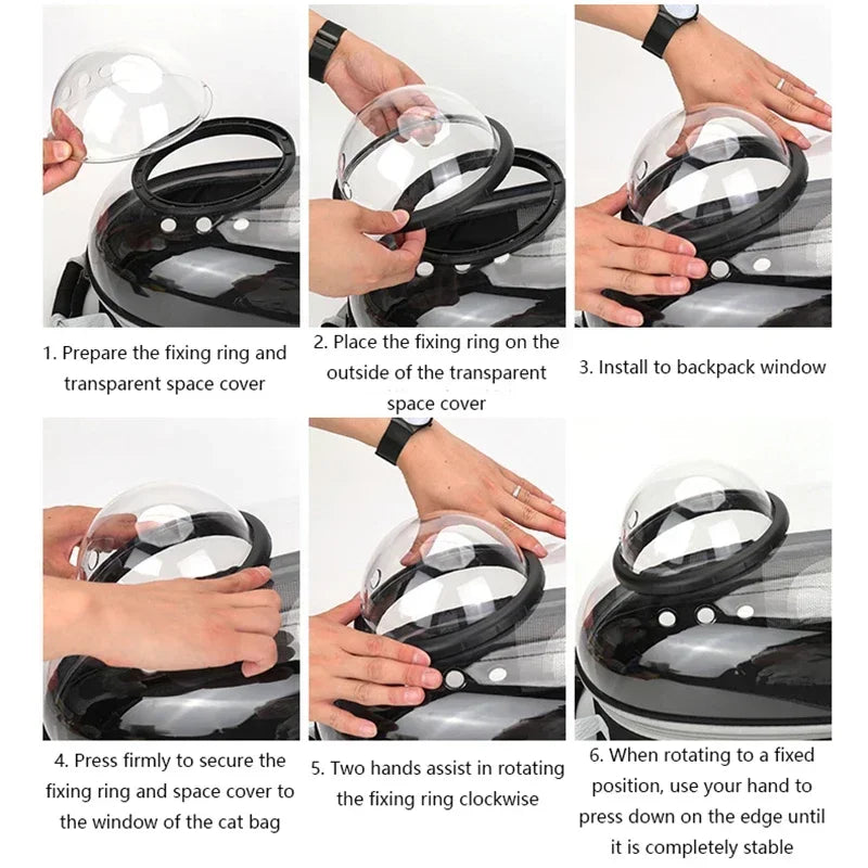 Transparent Space Capsule Pet Backpack by Furvio Shop showing clear plastic design with adjustable straps and space for small pets.