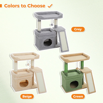 Compact Furvio Shop 3-tier cat tree with scratching pad, featuring cozy platforms and sisal scratching posts for cats.