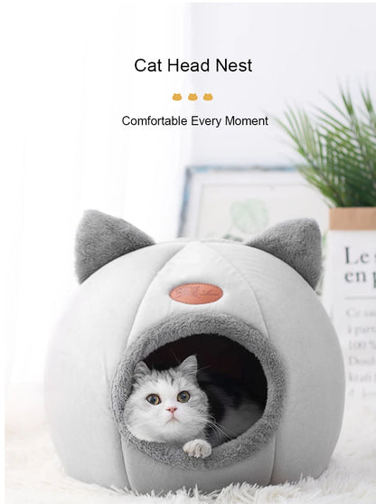 Furvio Shop 2-in-1 Cat Head Cave Bed and Nest with warm plush interior, soft fur exterior, ideal for cozy feline relaxation