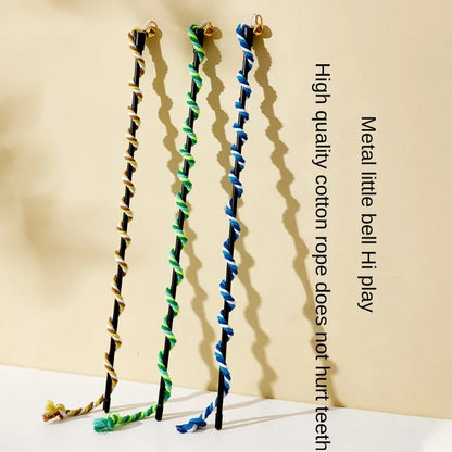 Furvio Shop interactive cotton rope and ribbon cat teaser wand with colorful feathers for playful cat entertainment.