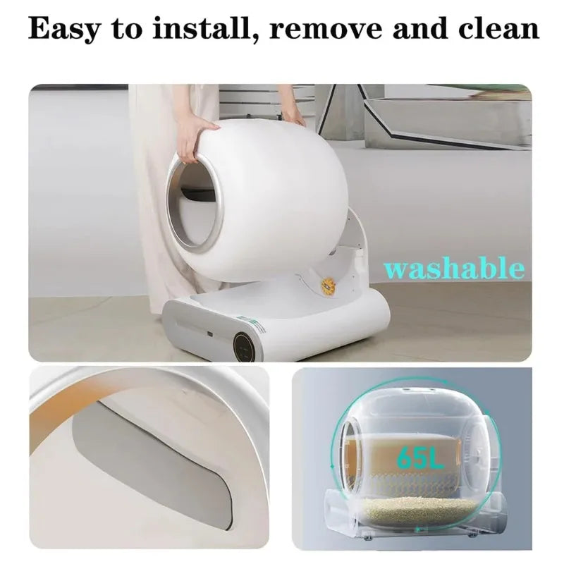 Furvio Shop Tonepie smart automatic self-cleaning cat litter box with 65L capacity, shown in clean white with digital controls