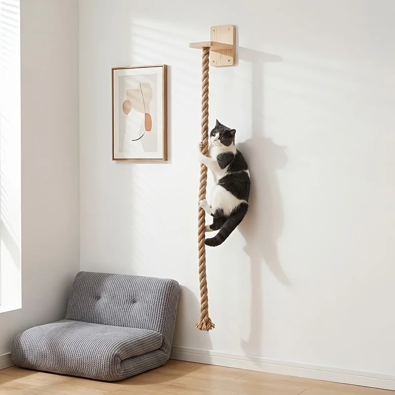 Minimalist wall-mounted cat climbing rope by Furvio Shop, featuring natural sisal material and sleek design for feline play and exercise.