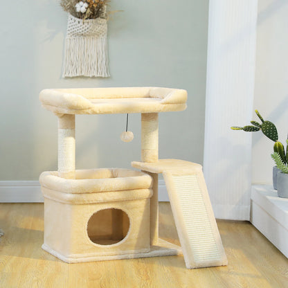 Compact 3-tier Furvio Shop cat tree with scratching pad, featuring multiple platforms and cozy perches for cats.