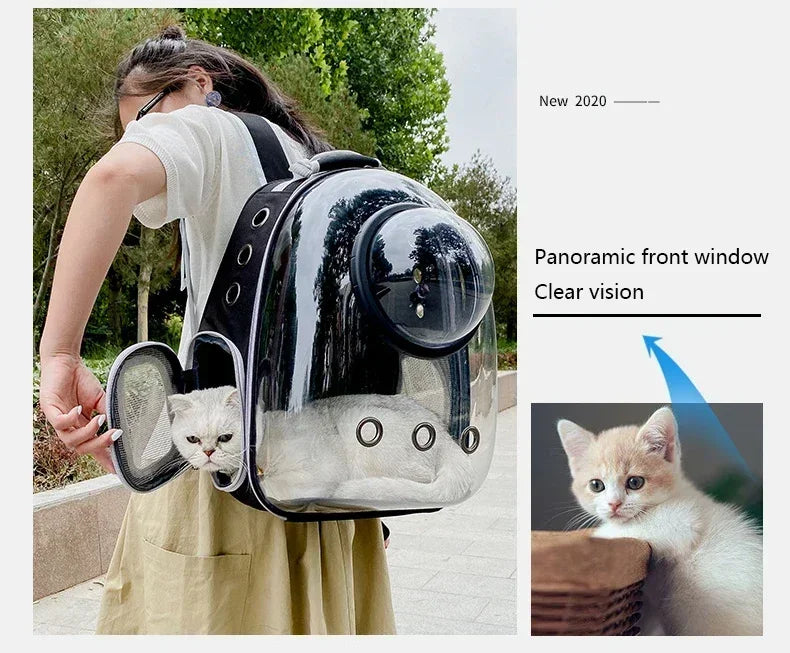 Transparent space capsule pet backpack by Furvio Shop, showing clear plastic design with adjustable straps and spacious interior for pets.