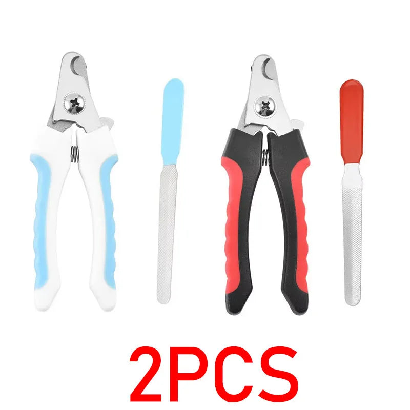 Furvio Shop professional pet nail clippers and file set showing stainless steel clippers and a nail file on a white background.