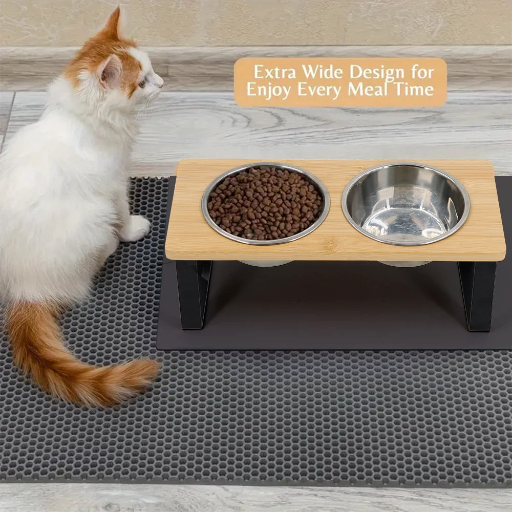 Elevated wooden dual cat bowl set by Furvio Shop with two ceramic bowls on a natural wood stand for easy feeding.