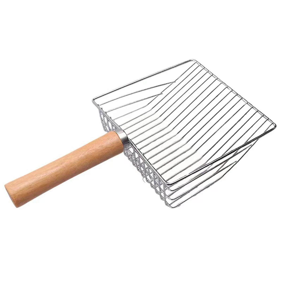 Heavy-duty stainless steel cat litter scoop by Furvio Shop with a sturdy handle and mesh scoop for easy litter cleaning.