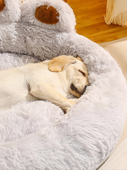 Ultra-soft plush paw-shaped pet bed by Furvio Shop, featuring winter warm fleece and cozy cushioning for pets.