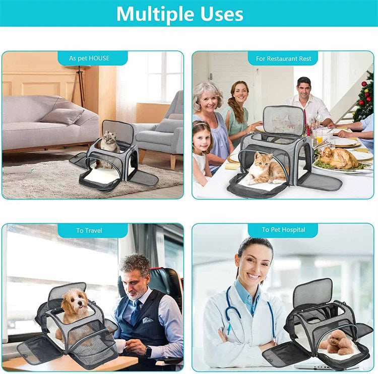 Expandable breathable pet carrier bag by Furvio Shop showing mesh sides and adjustable straps for small pets.