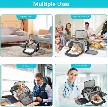 Expandable breathable pet carrier bag by Furvio Shop showing mesh sides and adjustable straps for small pets.