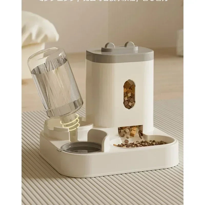 Furvio Shop 2-in-1 automatic pet feeder and water dispenser with sleek design, featuring a clear food and water container for pets.