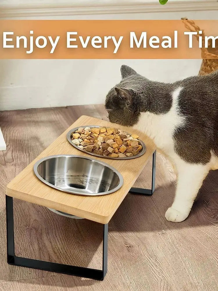 Elevated wooden dual cat bowl set by Furvio Shop with two ceramic bowls on a sleek wooden stand for comfortable feeding.