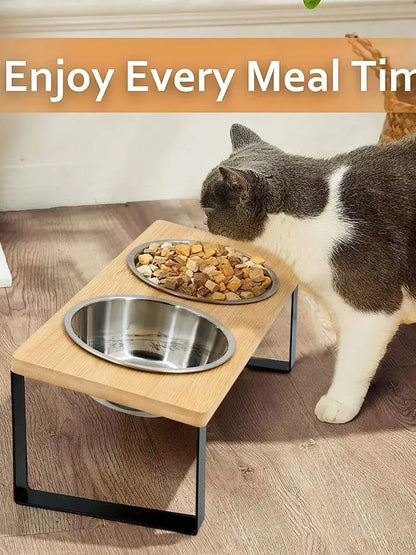 Elevated wooden dual cat bowl set by Furvio Shop with two ceramic bowls on a sleek wooden stand for comfortable feeding.