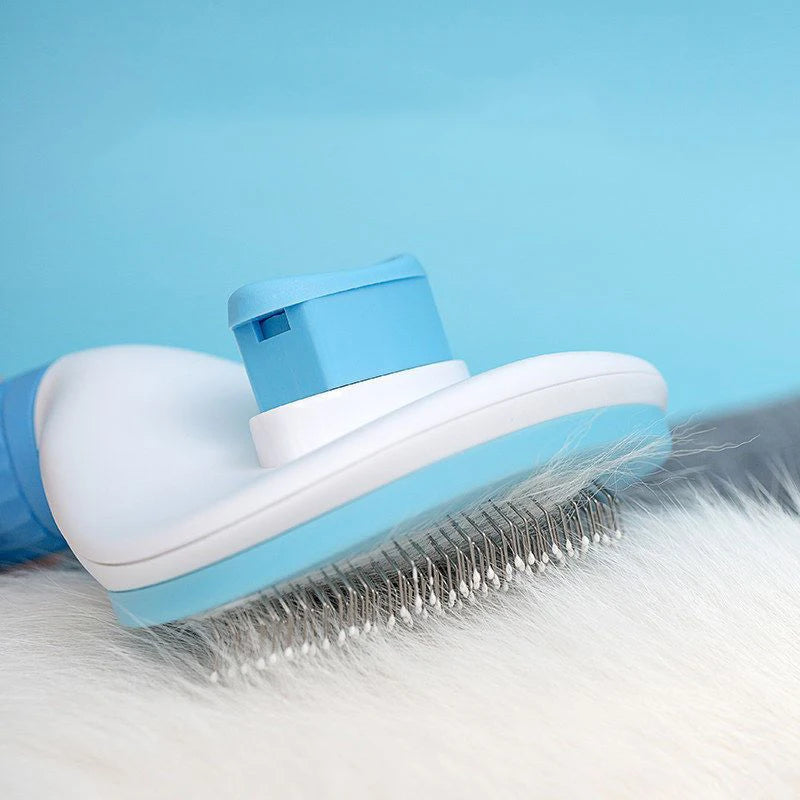 Self-cleaning pet grooming brush from Furvio Shop, featuring a ergonomic handle and flexible bristles for easy fur removal