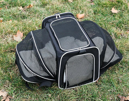 Expandable breathable Furvio Shop pet carrier bag with mesh panels and adjustable straps for comfortable pet travel.