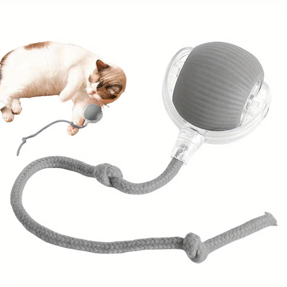 Smart interactive rolling cat ball with tail by Furvio Shop, featuring colorful spinning design and playful motion for cats to chase.