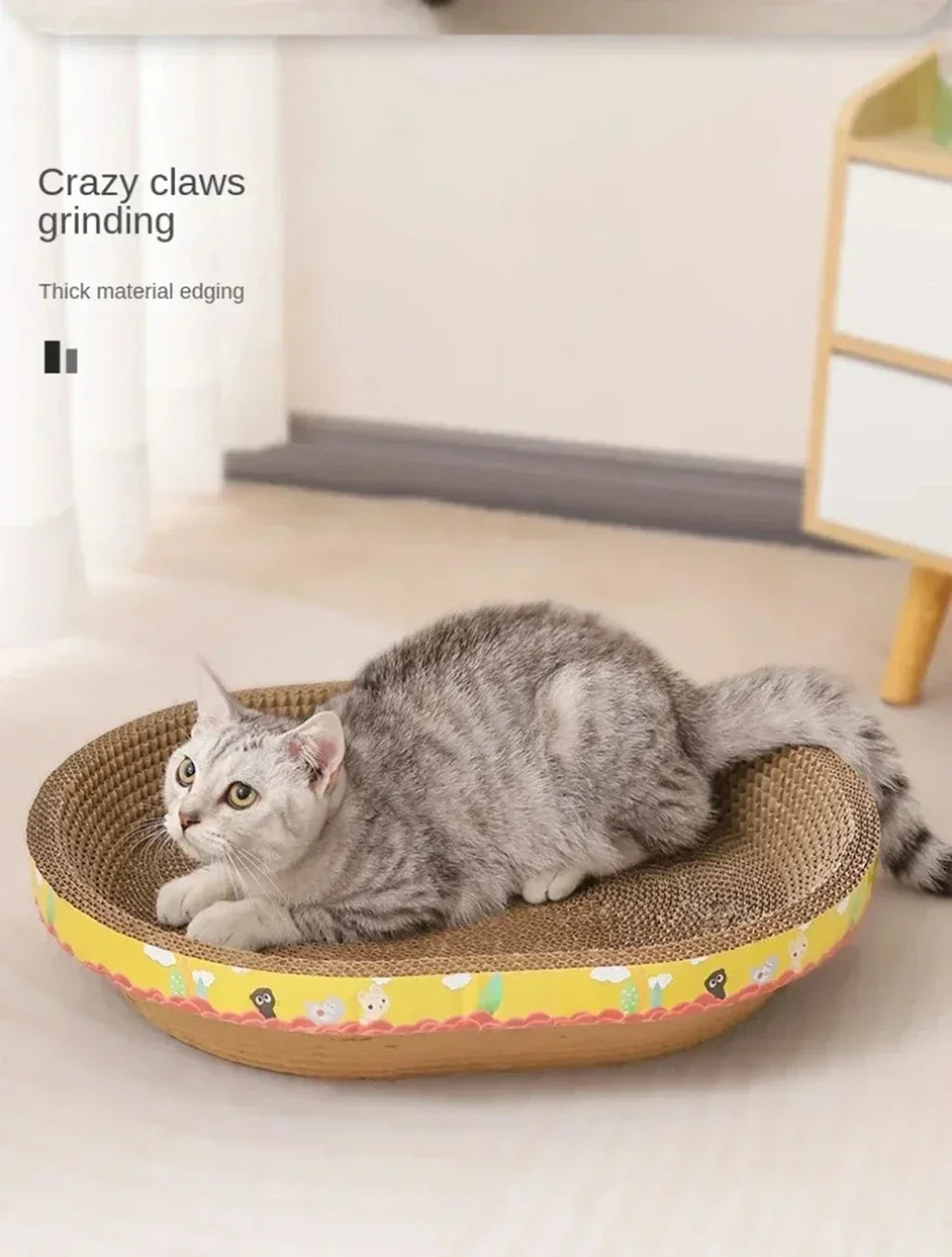 Oval corrugated cat scratcher and lounge bed from Furvio Shop, showing the textured surface and cozy resting area for cats.