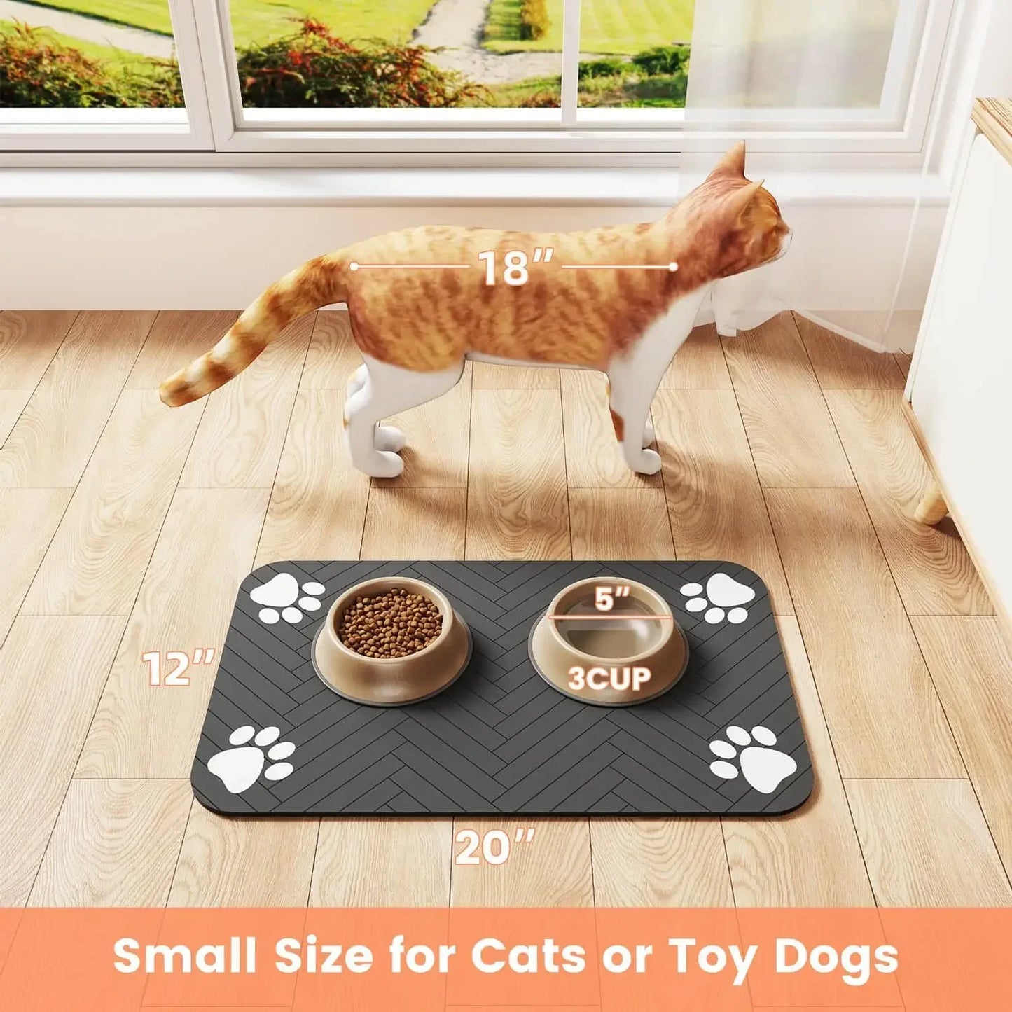 Furvio Shop quick-dry absorbent pet feeding mat with colorful paw print design, waterproof surface for easy cleaning.