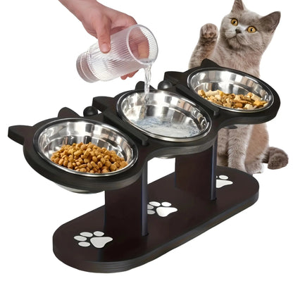 Elevated triple stainless steel cat bowl set by Furvio Shop with three bowls on a raised stand for easy feeding.
