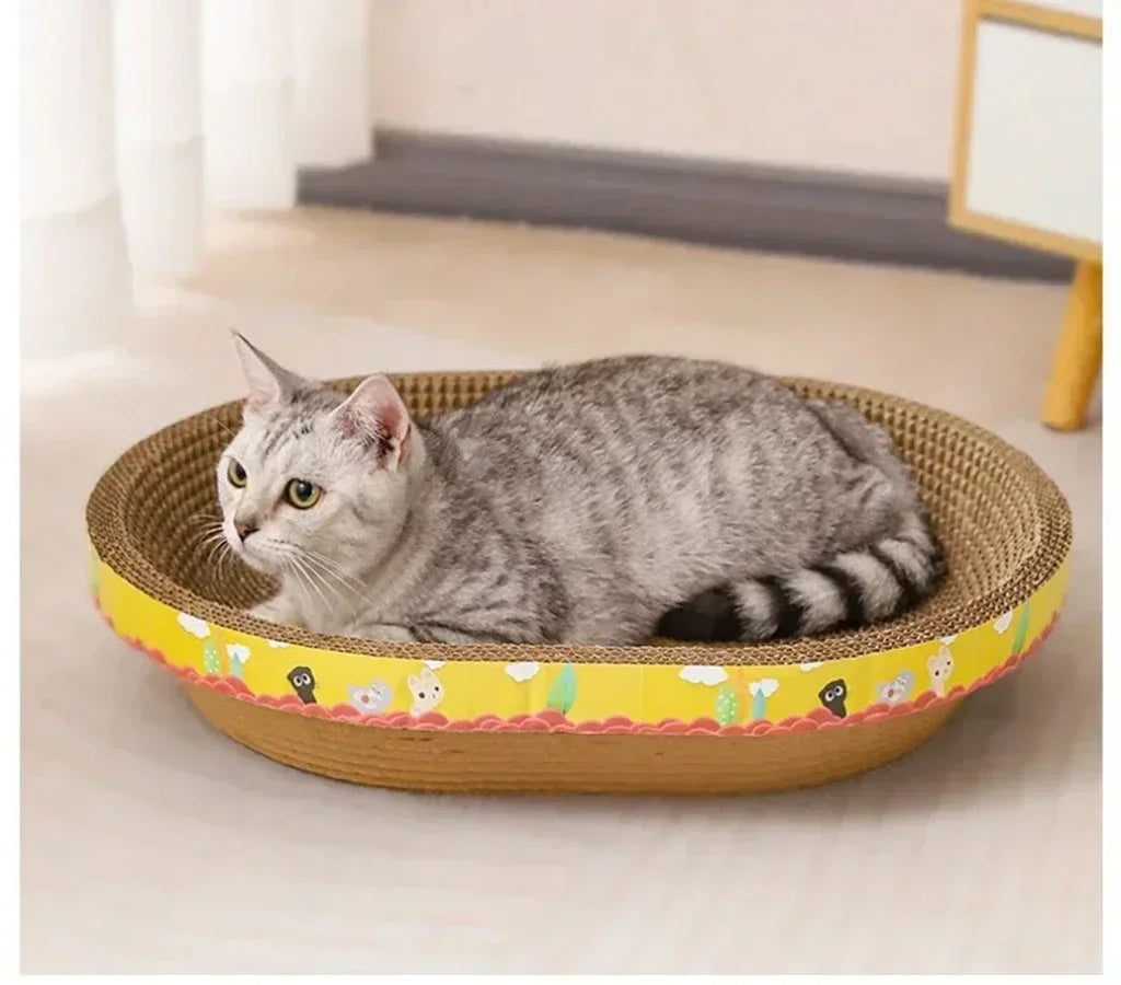 Oval corrugated cat scratcher and lounge bed by Furvio Shop, showing a cozy, textured pet resting on the corrugated surface.