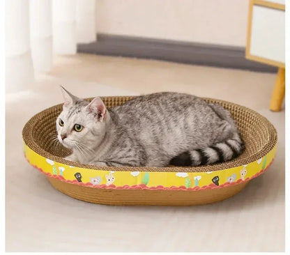 Oval corrugated cat scratcher and lounge bed by Furvio Shop, showing a cozy, textured pet resting on the corrugated surface.