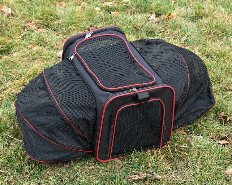 Expandable breathable pet carrier bag by Furvio Shop showing mesh sides, zipper extension, and comfortable carrying handles.
