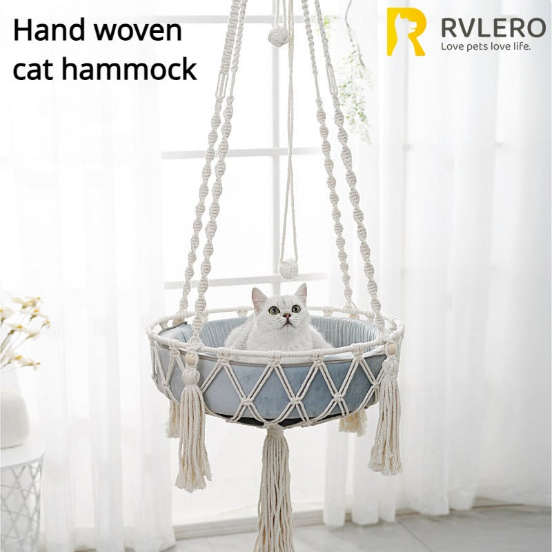 Boho Macrame Hand-Woven Cat Hammock Swing by Furvio Shop, showcasing durable cotton ropes and cozy lounging space for cats.
