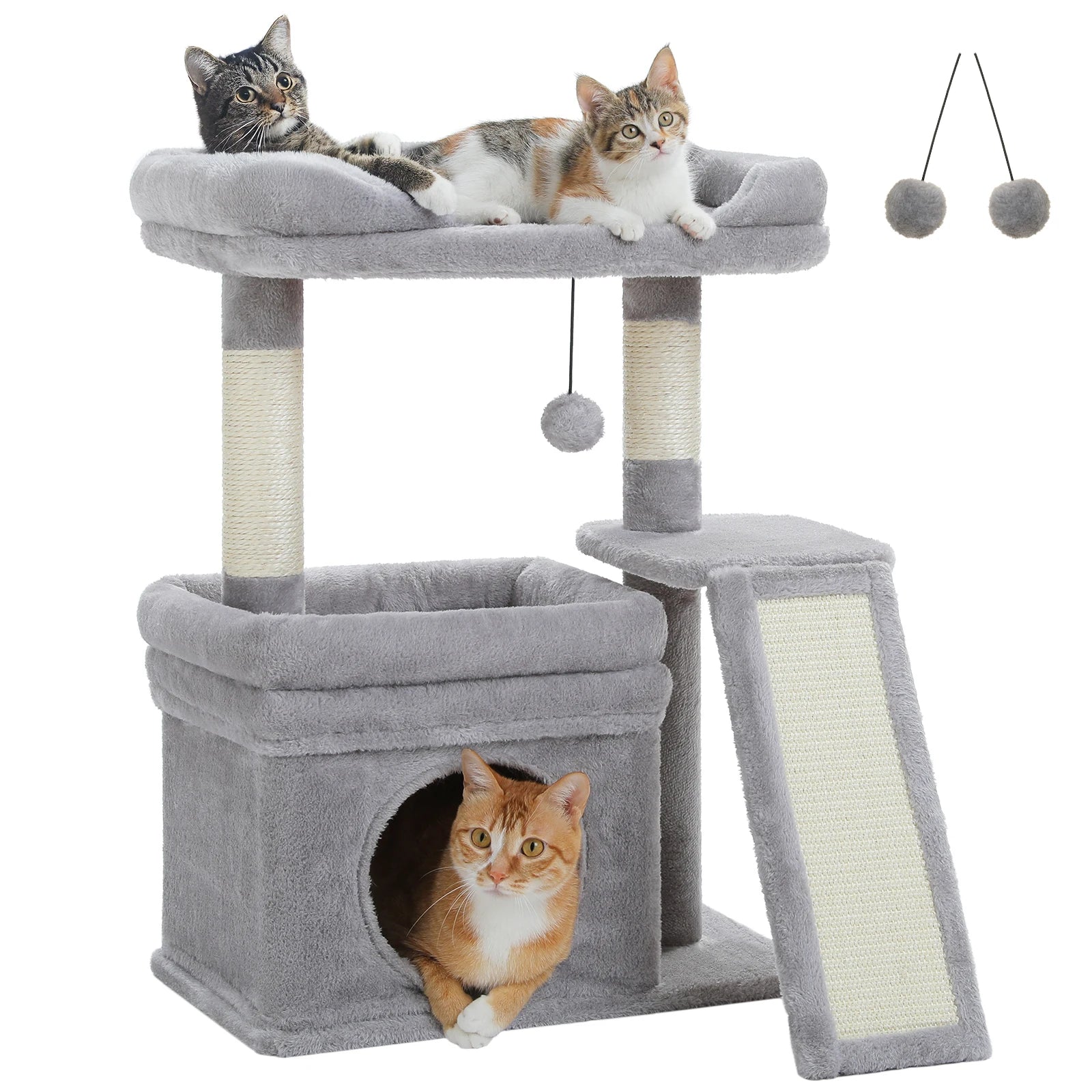 Compact Furvio Shop 3-tier cat tree with scratching pad, featuring cozy platforms for climbing and resting.