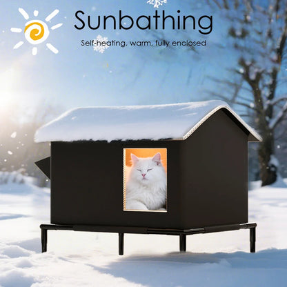 Furvio Shop insulated outdoor cat shelter with waterproof exterior, cozy entryway, and elevated design for outdoor feline comfort.