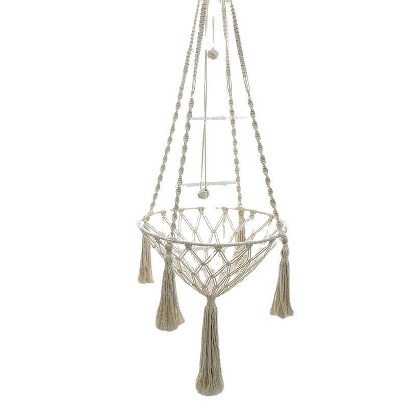 Boho macrame hand-woven cat hammock swing with hanging ropes and cozy bed, designed for cats to rest comfortably.