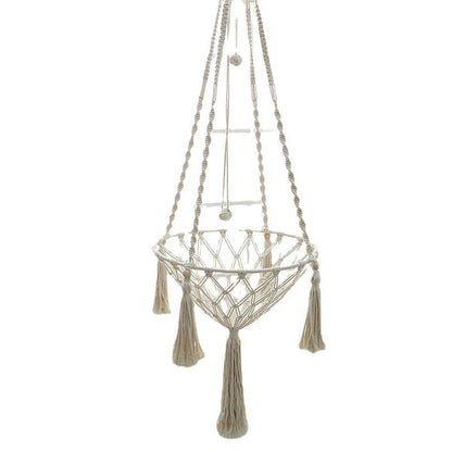 Boho macrame hand-woven cat hammock swing with hanging ropes and cozy bed, designed for cats to rest comfortably.