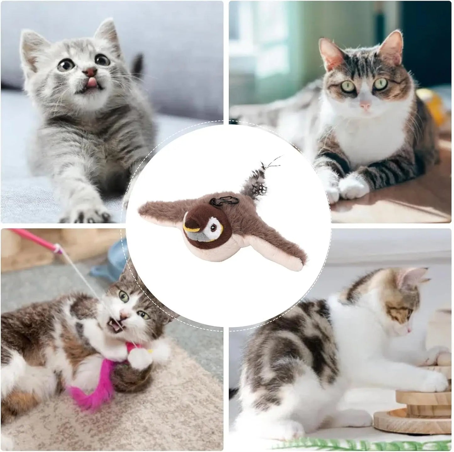 Furvio Shop interactive flapping bird cat toy with USB rechargeable design, featuring realistic bird movements for feline entertainment.