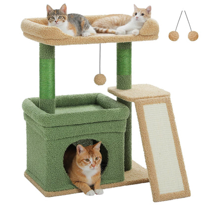 Furvio Shop compact 3-tier cat tree with scratching pad, featuring cozy platforms and sisal scratching posts for cats to climb and scratch.