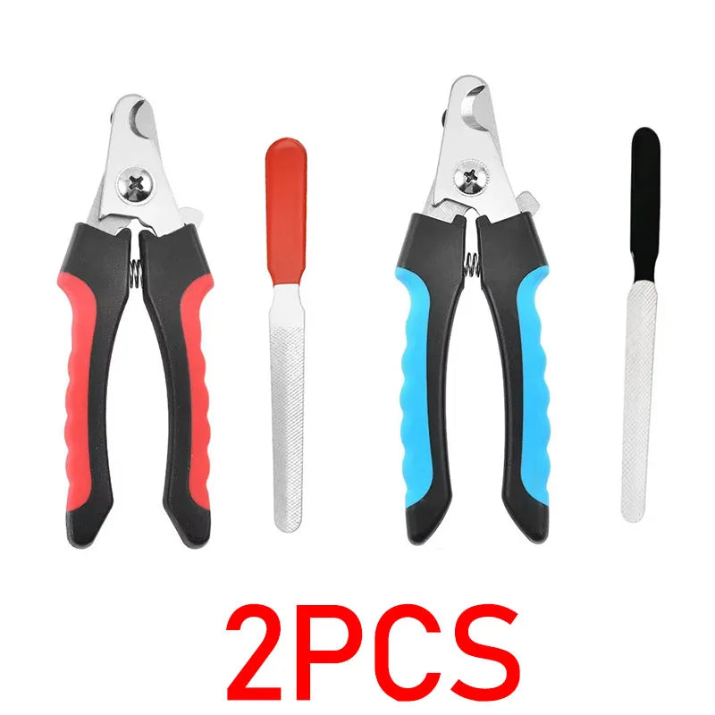 Furvio Shop professional pet nail clippers and file set showing stainless steel nail clippers and a small filing tool on a white background.