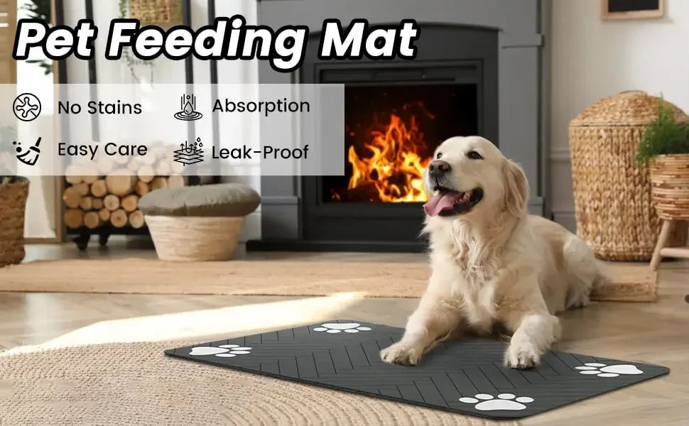 Furvio Shop quick-dry absorbent pet feeding mat with colorful paw print design, waterproof and easy to clean.