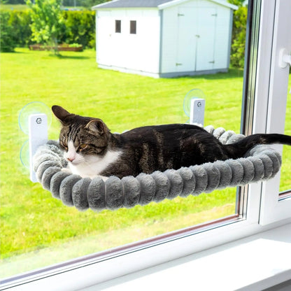 Foldable window cat hammock and sunbed by Furvio Shop, showing a cozy fabric bed with mounting brackets for cats to relax in sunlight.