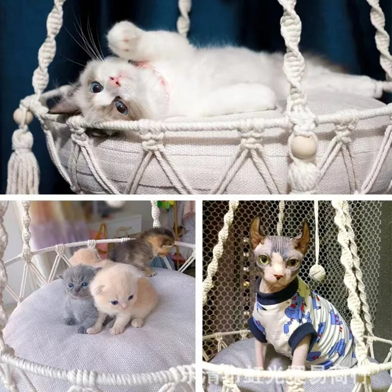 Furvio Shop boho macrame hand-woven cat hammock swing with cozy fabric and hanging tassels, designed for comfortable feline lounging.