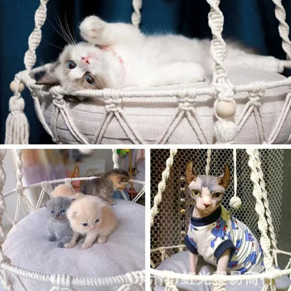 Furvio Shop boho macrame hand-woven cat hammock swing with cozy fabric and hanging tassels, designed for comfortable feline lounging.