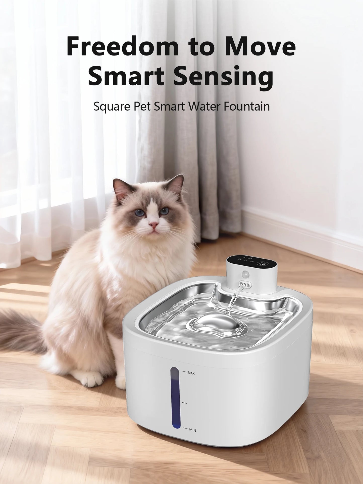 Furvio Shop AquaFlow wireless smart pet fountain with 3.5L capacity, featuring a sleek design and water flow for pets.