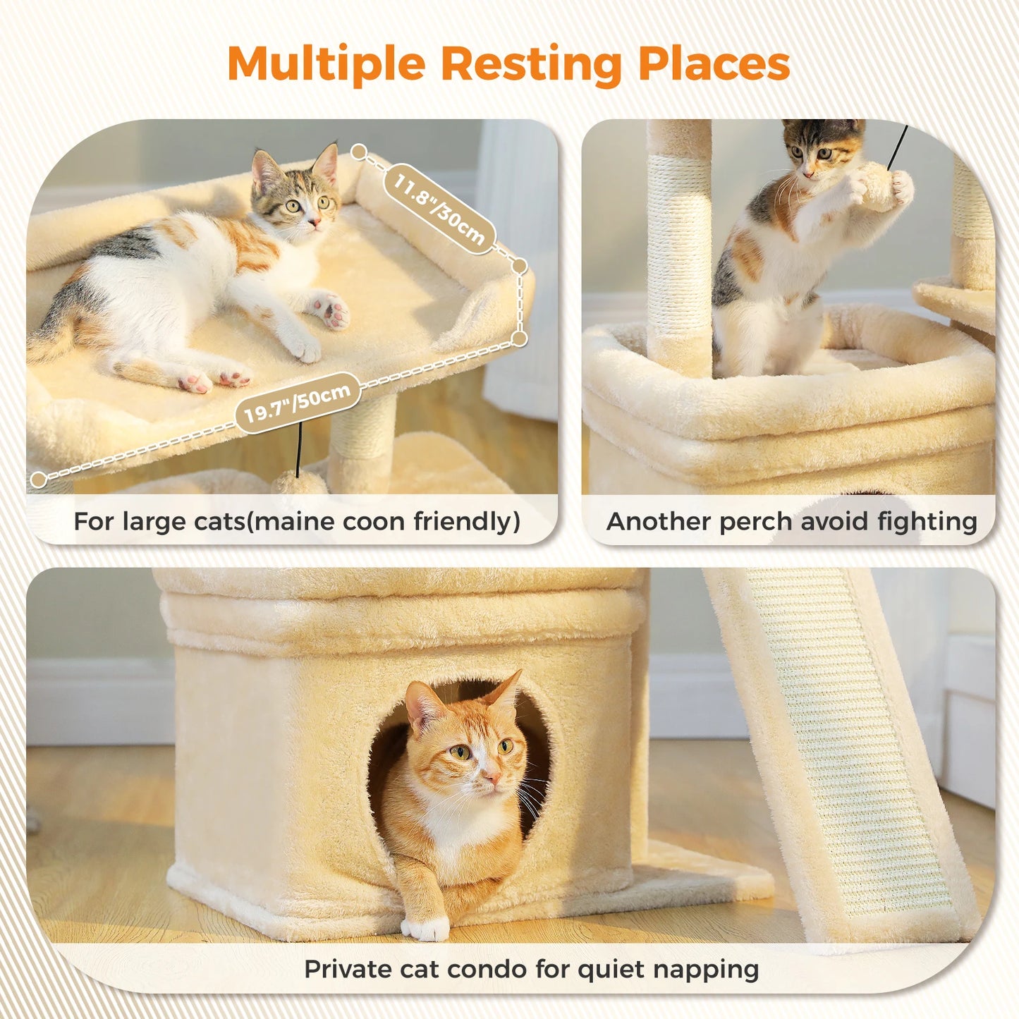 Compact 3-tier Furvio Shop cat tree with scratching pad, featuring cozy platforms and sisal scratching posts.