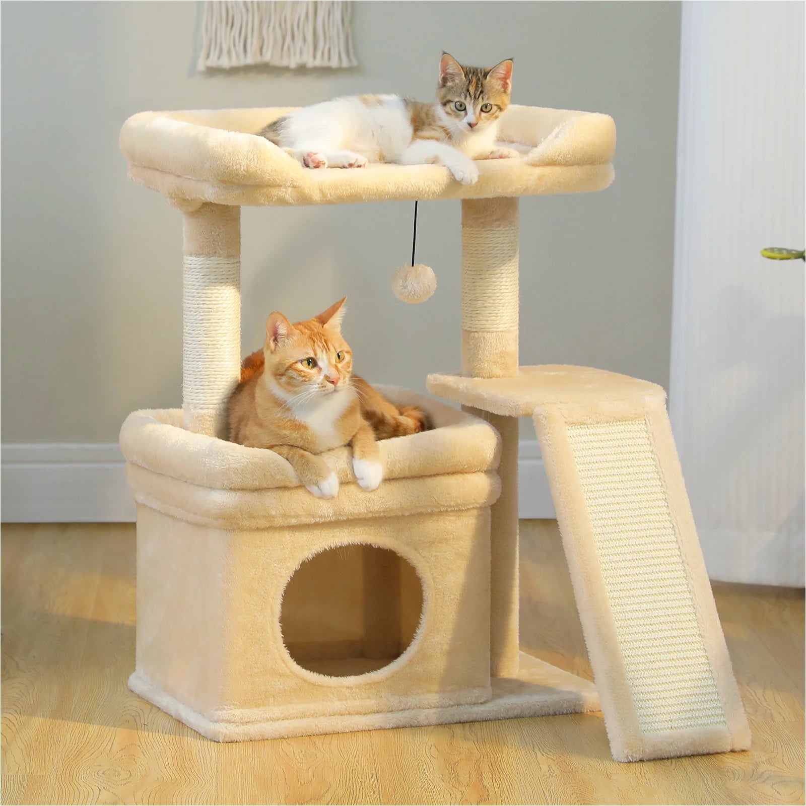 Furvio Shop compact 3-tier cat tree with scratching pad, featuring cozy platforms and sisal scratching posts for cats.