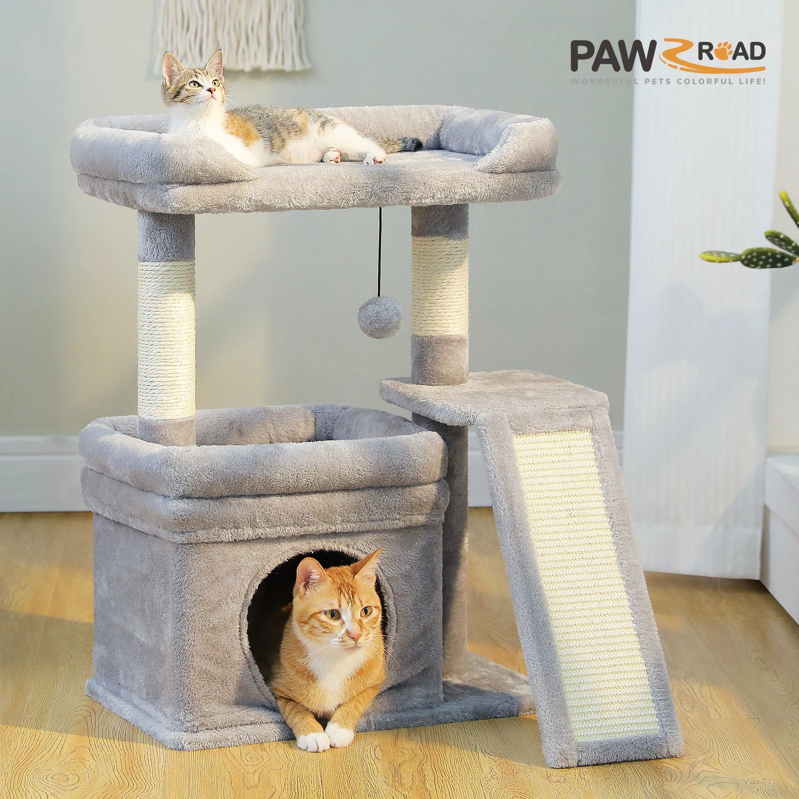 Furvio Shop compact 3-tier cat tree with scratching pad, featuring cozy platforms and sisal scratching posts for cats.