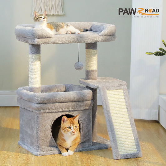 Furvio Shop compact 3-tier cat tree with scratching pad, featuring cozy platforms and sisal scratching posts for cats.